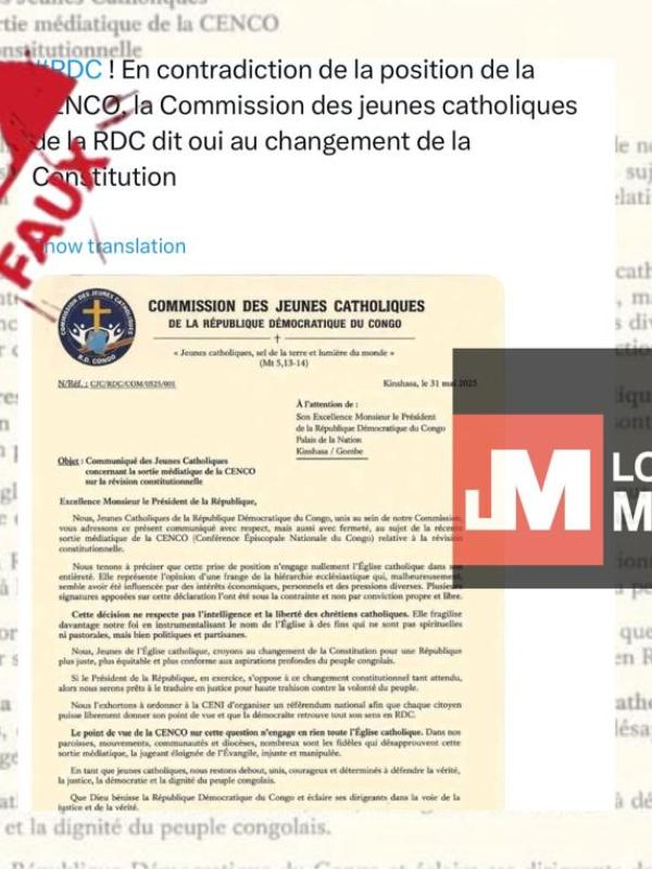 Un faux document attribué à la jeunesse catholique de Kinshasa 